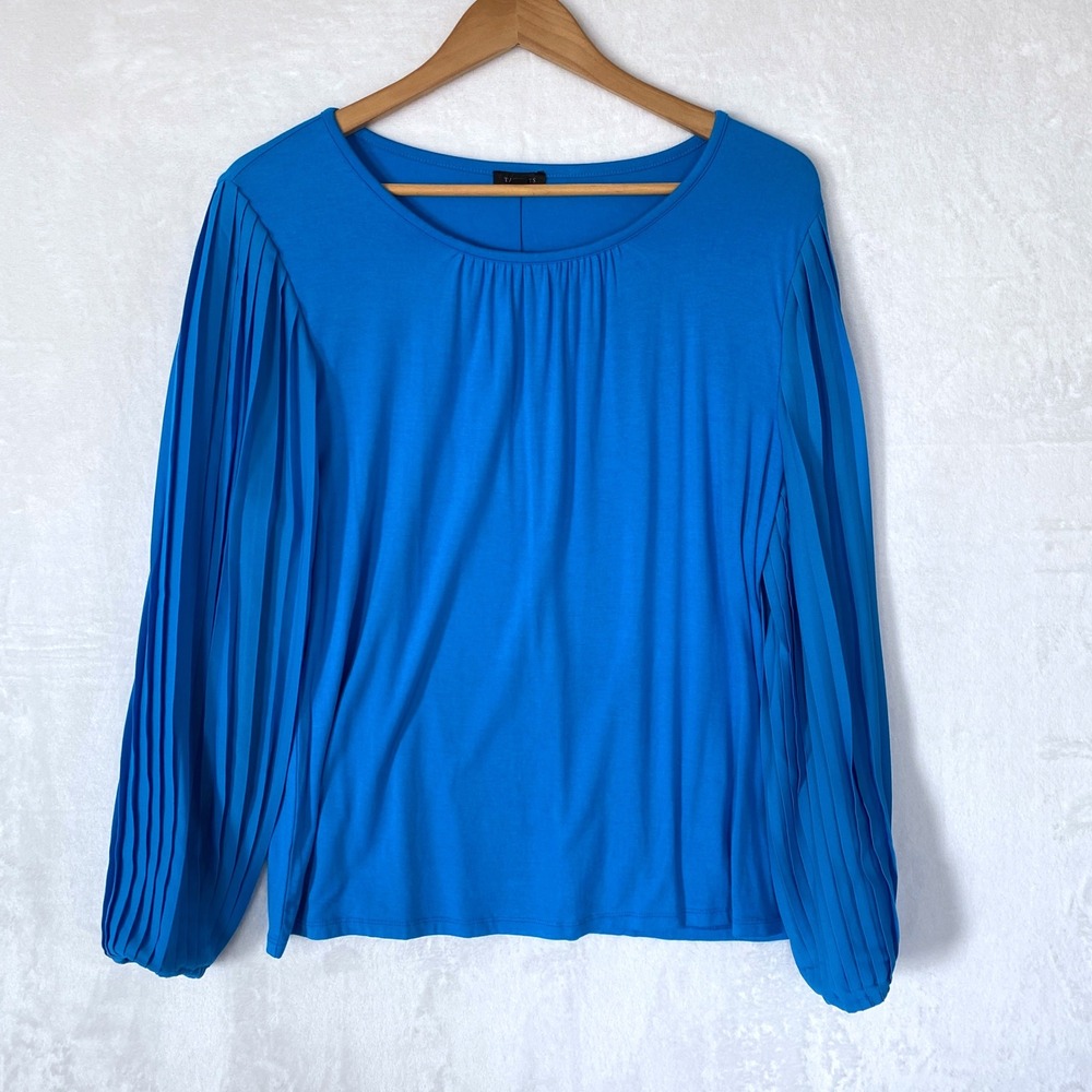 Talbots Womens Blue Pleated Sleeve Crew Neck Top Size L‎ NWT